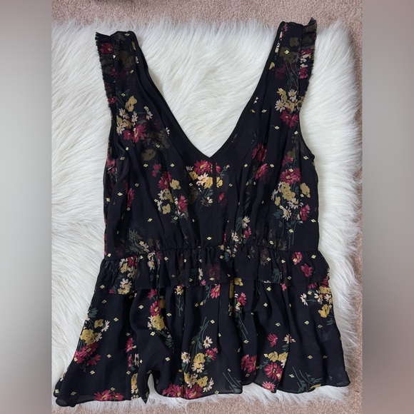 Cinq a Sept Black Floral Luna Sleeveless Ruffle Top Frayed Hem - Picture 6 of 7